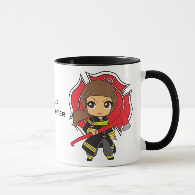 Kawaii brünettes Feuerwehrmann-Mädchen Tasse (Rechts)