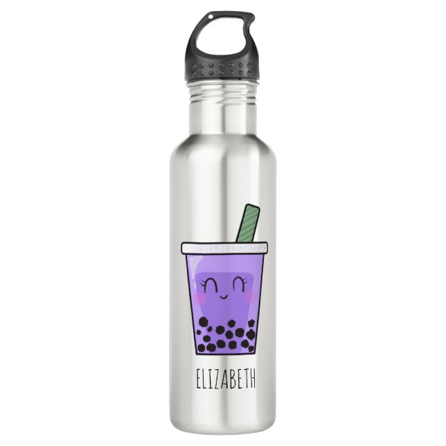 Kawaii Bubble Tea Boba Taro Ube Lila Yam Name Edelstahlflasche (Vorderseite)