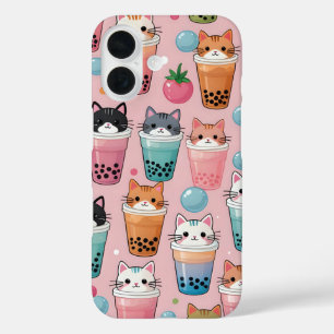 Kawaii Bubble Tee Katzen Nahtloses Muster iPhone 16 Hülle