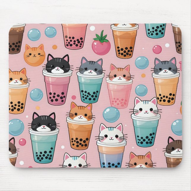 Kawaii Bubble Tee Katzen Nahtloses Muster Mousepad (Vorne)