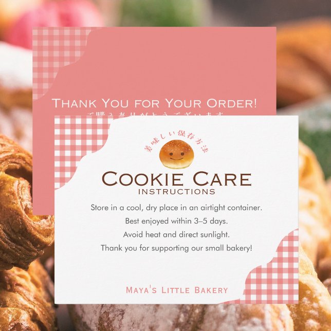 Kawaii Bun Red Gingham Cookie Care Instructions Dankeskarte (Von Creator hochgeladen)