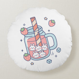 Kawaii Bunny Strawberry Drink Rundes Kissen