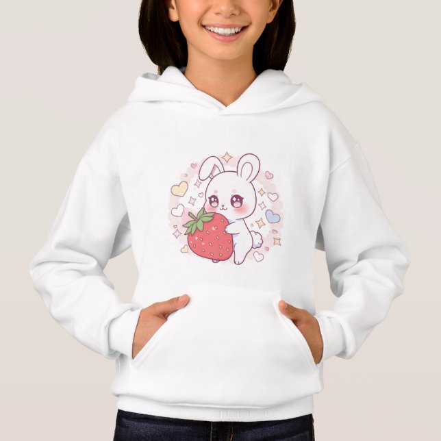 Kawaii Bunny with Strawberry – Cute Pastel Hoodie (Devant)