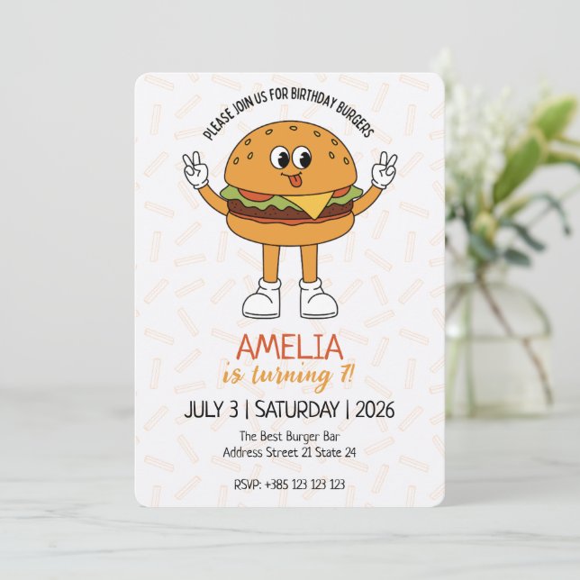 Kawaii Burger Invitation de fête d'anniversaire (Debout devant)