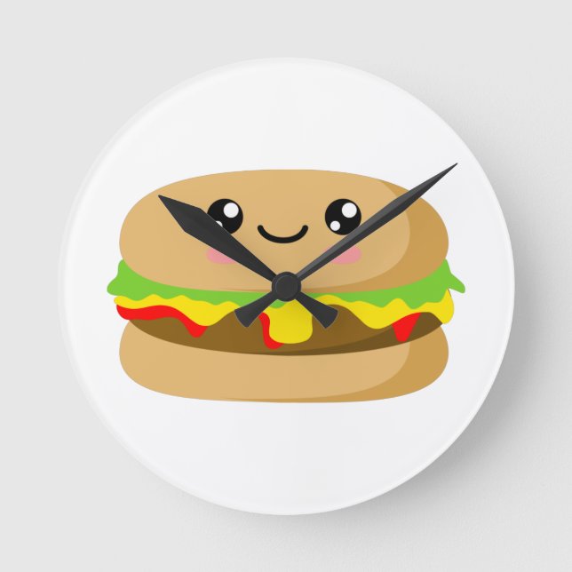 Kawaii Burger Runde Wanduhr (Vorderseite)