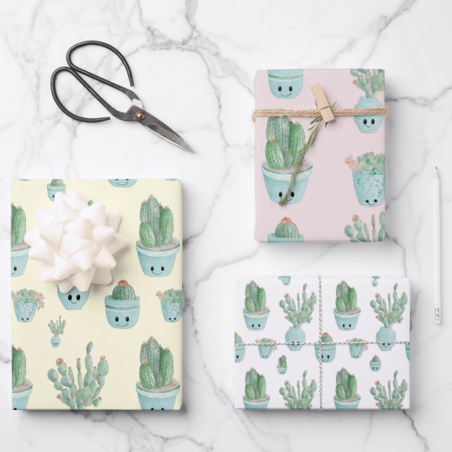 Kawaii Cactus Gift Wrap - Set von 3 Geschenkpapier Set (Vorderseite)
