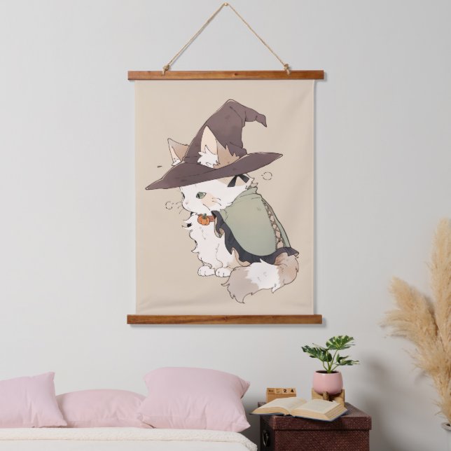 Kawaii Calico Cat Spielen eine Hexe Wandteppich Mit Holzrahmen (Schlafzimmer)