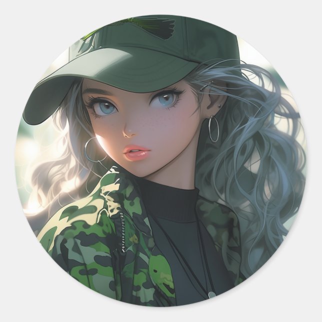 Kawaii Camouflage Military Hunter Drill Anime Girl Runder Aufkleber (Vorderseite)