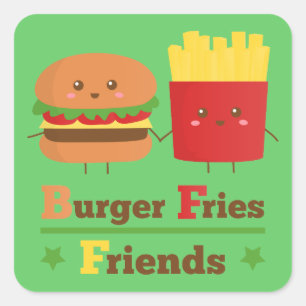 Kawaii Cartoon Burger Pommes Frites Freunde BFF Quadratischer Aufkleber