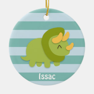 Kawaii Cartoon eines grünen und gelben Triceratops Keramikornament
