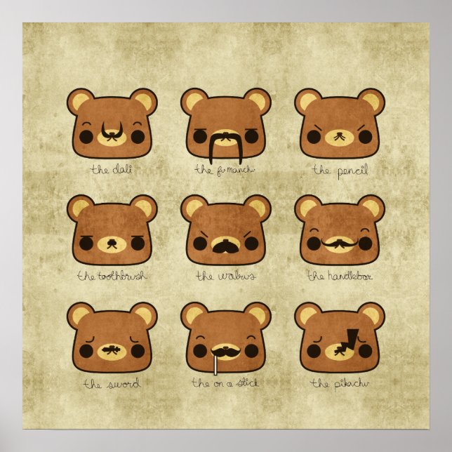 Kawaii Cartoon Grunge Bears mit Mustaches Poster (Vorne)