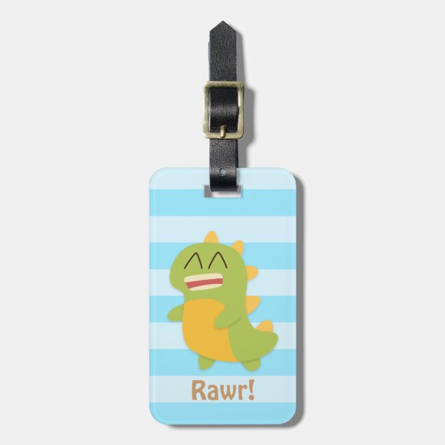 Kawaii Cartoon von grünem und gelbem Dino Gepäckanhänger (Vorderseite vertikal)