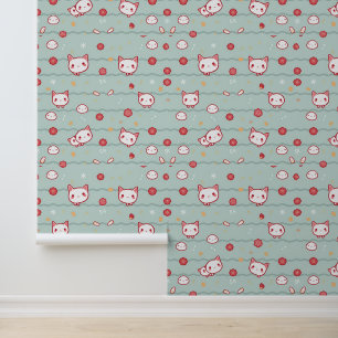 Kawaii Cat and Floral Pattern on Blue Tapete