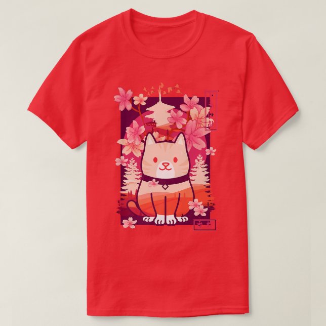 Kawaii Cat Cherry Blossom Anime Kitten Sakura T-Shirt (Design vorne)