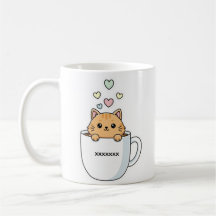 Kawaii Cat & Coffee Hearts Illustration