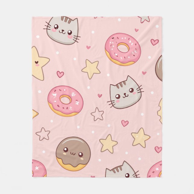 Kawaii Cat, Donut und Star Pattern Fleecedecke (Vorderseite)