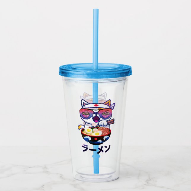 Kawaii Cat Eating Ramen - Niedliche japanische Nud Acryltrinkbecher (Vorderseite)