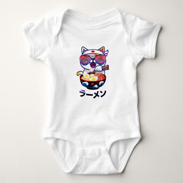 Kawaii Cat Eating Ramen - Niedliche japanische Nud Baby Strampler (Vorderseite)