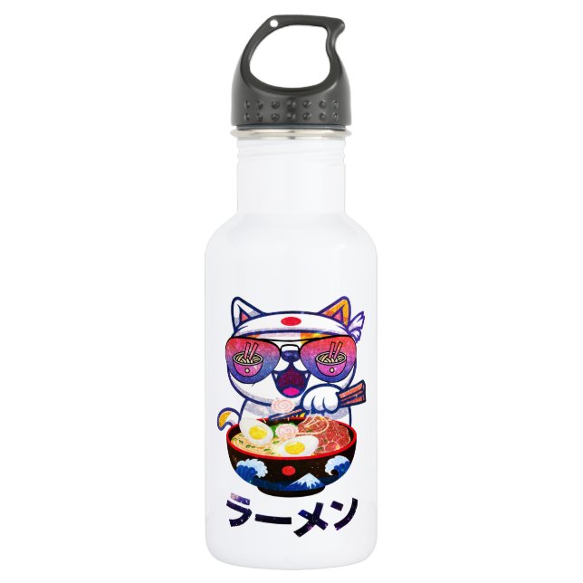 Kawaii Cat Eating Ramen - Niedliche japanische Nud Edelstahlflasche (Vorderseite)