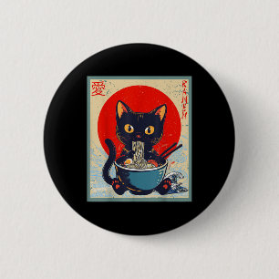 Kawaii Cat Eating Ramen Noodles Funny Anime Girls Button