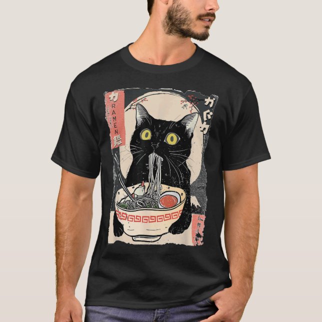 Kawaii Cat Eating Ramen Noodles Funny Anime T-Shirt (Vorderseite)