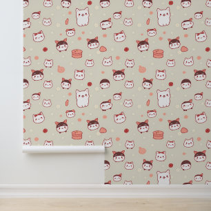Kawaii Cat Faces Muster mit Bows & Süßigkeiten Tapete
