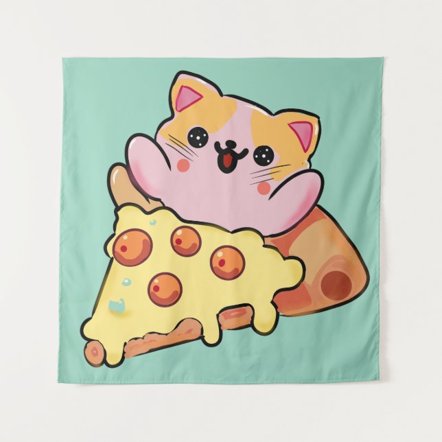 Kawaii Cat Hugging Pepperoni Pizza Cartoon Wandteppich (Vorderseite)