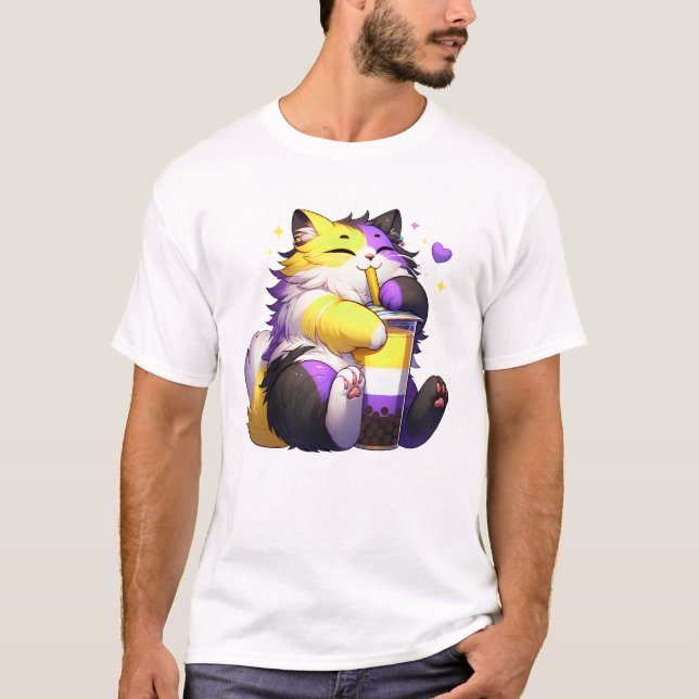 Kawaii Cat Nonbinary Pride Bubble Tee (Vorderseite)