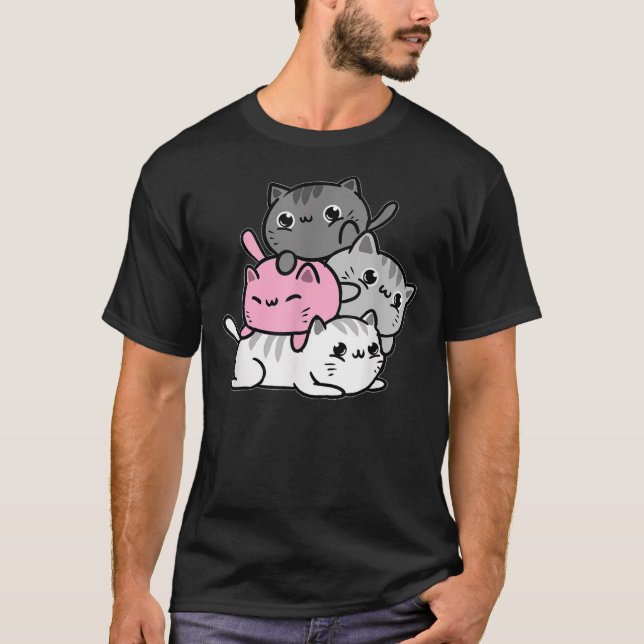 Kawaii Cat Pile Demigirl Pride T-Shirt (Vorderseite)