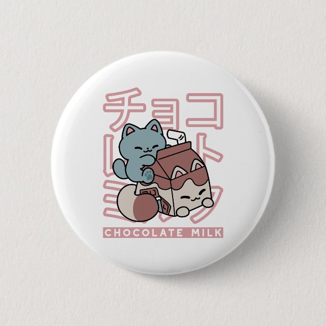 Kawaii Cat with Chocolate Milk – Japanese Pop Art  Button (Vorderseite)