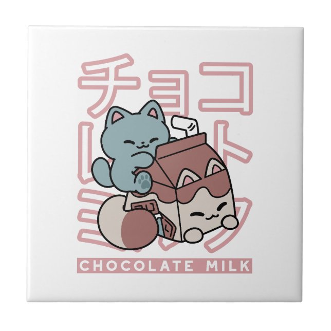 Kawaii Cat with Chocolate Milk – Japanese Pop Art  Fliese (Vorderseite)