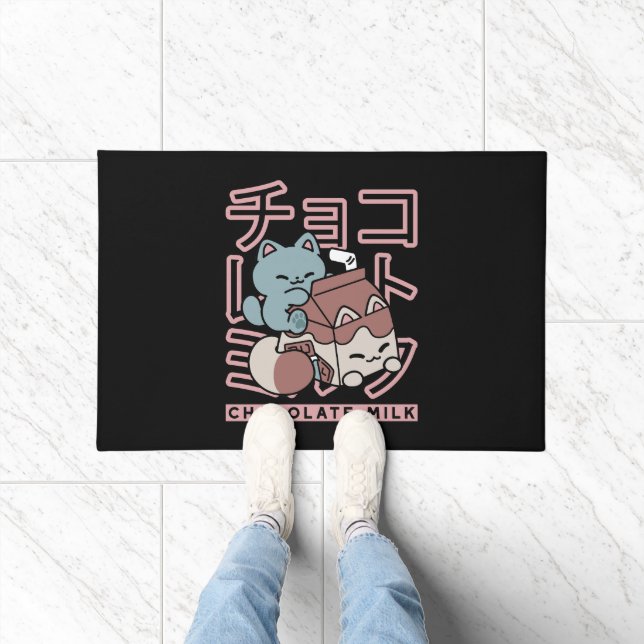 Kawaii Cat with Chocolate Milk – Japanese Pop Art  Fußmatte (Indoor)