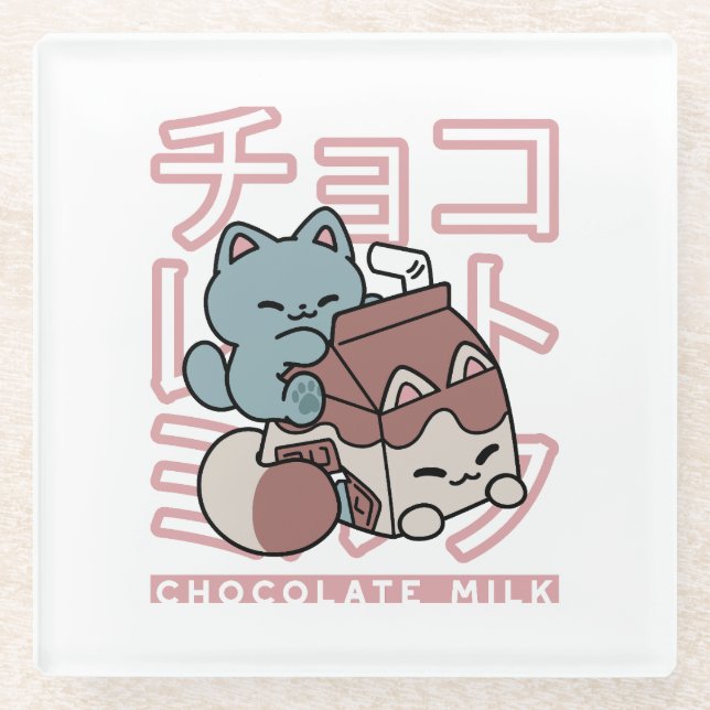 Kawaii Cat with Chocolate Milk – Japanese Pop Art  Glasuntersetzer (Vorderseite)