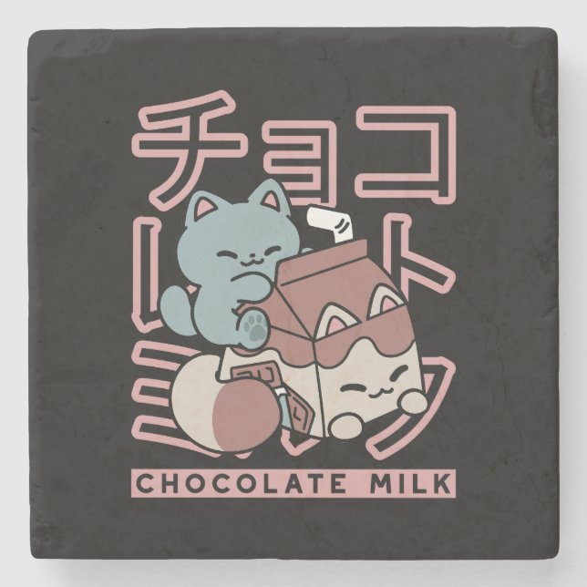 Kawaii Cat with Chocolate Milk – Japanese Pop Art  Steinuntersetzer (Vorderseite)