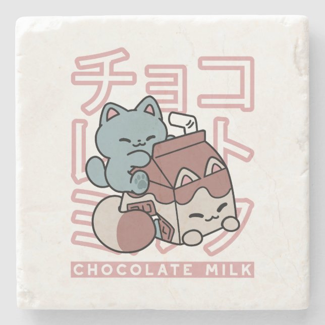 Kawaii Cat with Chocolate Milk – Japanese Pop Art  Steinuntersetzer (Vorderseite)