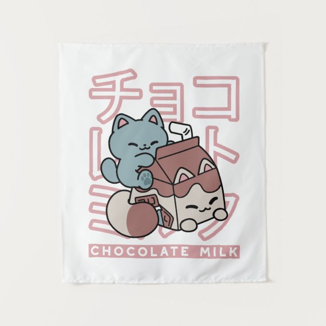 Kawaii Cat with Chocolate Milk – Japanese Pop Art  Wandteppich (Vorderseite)
