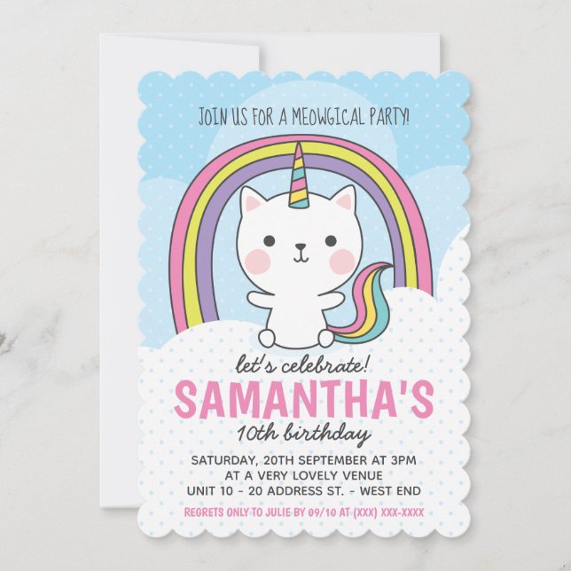 Kawaii Catcorn Cat Unicorn Party Einladung (Vorderseite)