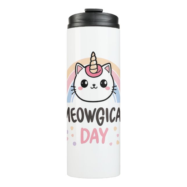 Kawaii Caticorn with Pastel Rainbow Thermosbecher (Vorderseite)