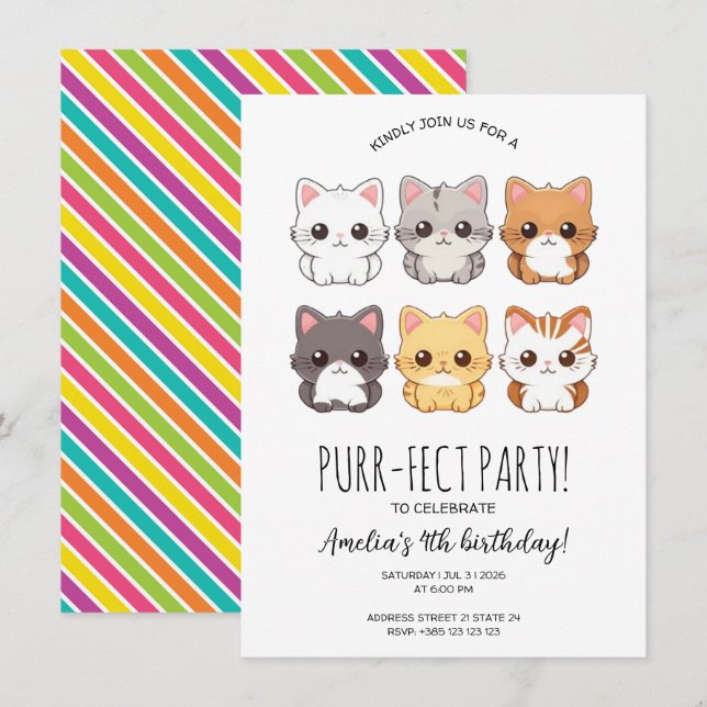 Kawaii Cats Kinderparteitag Einladung (Vorne/Hinten)