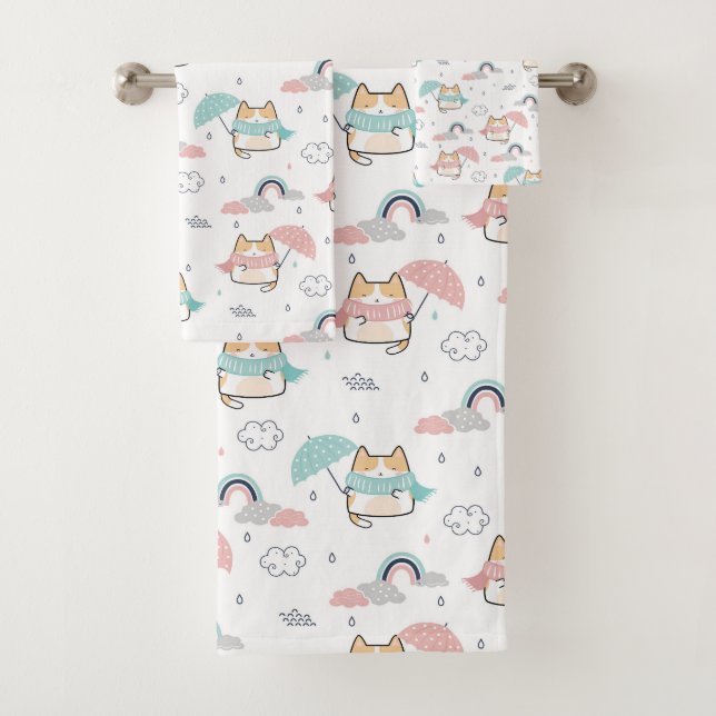 Kawaii Cats Rainy Day Pattern Badetuch Set (Insitu)