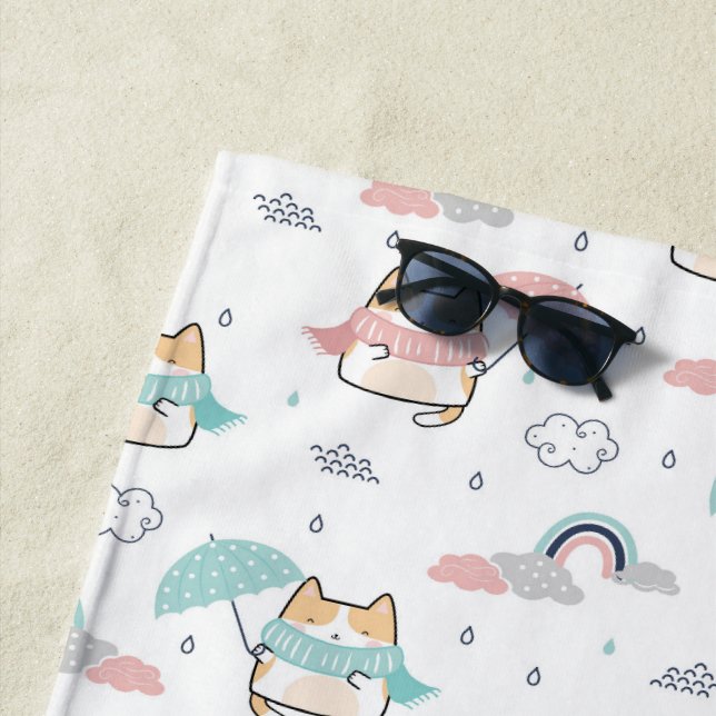 Kawaii Cats Rainy Day Pattern Beach Handtuch (Beispiel)