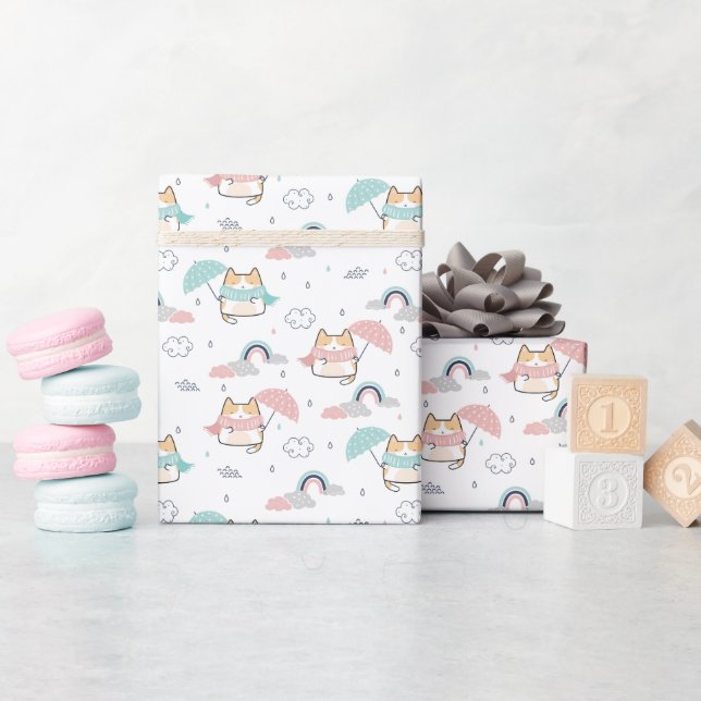 Kawaii Cats Rainy Day Pattern Wrapping Paper Roll Geschenkpapier (Babyparty)