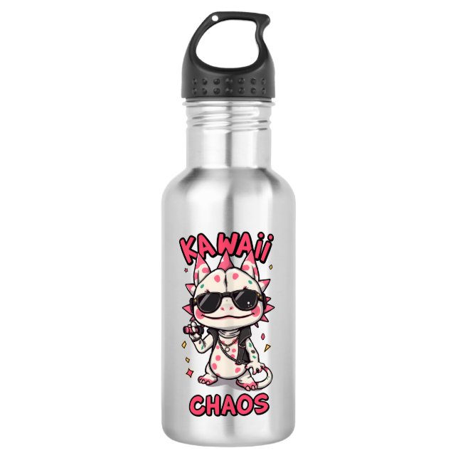 Kawaii Chaos Cool Axolotl Sunglasses LeatherJacket Edelstahlflasche (Vorderseite)
