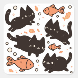 Kawaii Chibi Black Cat Pattern mit Goldfish Quadratischer Aufkleber