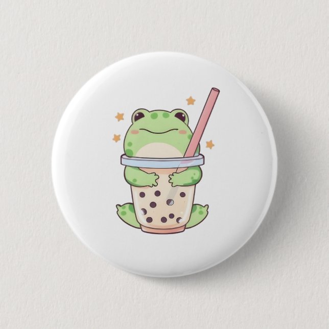 Kawaii Chibi Frosch umarmt Bubble-Tea-Tasse Button (Vorderseite)
