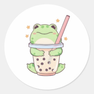 Kawaii Chibi Frosch umarmt Bubble-Tea-Tasse Runder Aufkleber