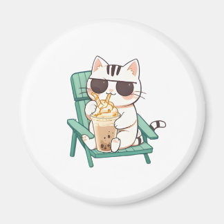 Kawaii Chibi Katze in Sonnenbrille trinkt Frappè Magnet