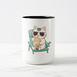 Kawaii Chibi Katze in Sonnenbrille trinkt Frappè Zweifarbige Tasse