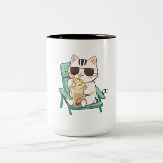 Kawaii Chibi Katze in Sonnenbrille trinkt Frappè Zweifarbige Tasse