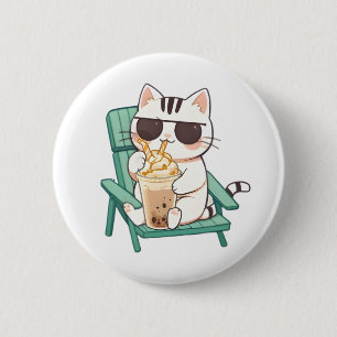 Kawaii Chibi Katze mit Sonnenbrille beim Frappè-Tr Button